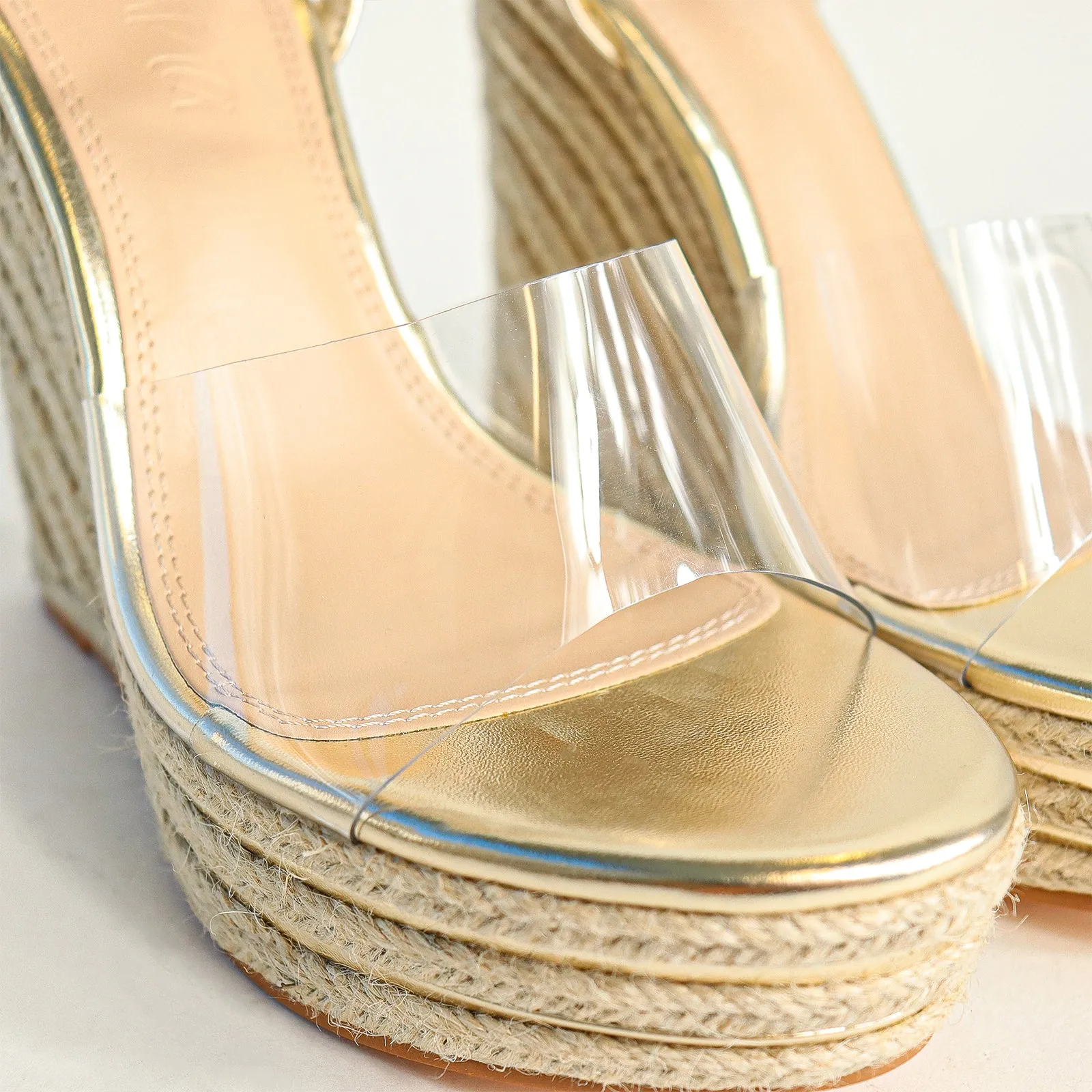 LEAH-1 OPEN TOE CLEAR STRAP W/ WEDGE SANDAL - GOLD